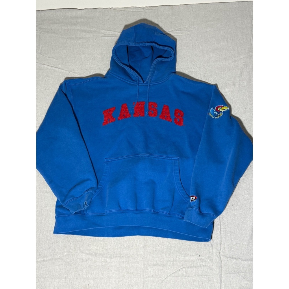Vintage Pro Player Kansas Jayhawks Hoodie XL Blue Embroidered Mascot Sweatshirt